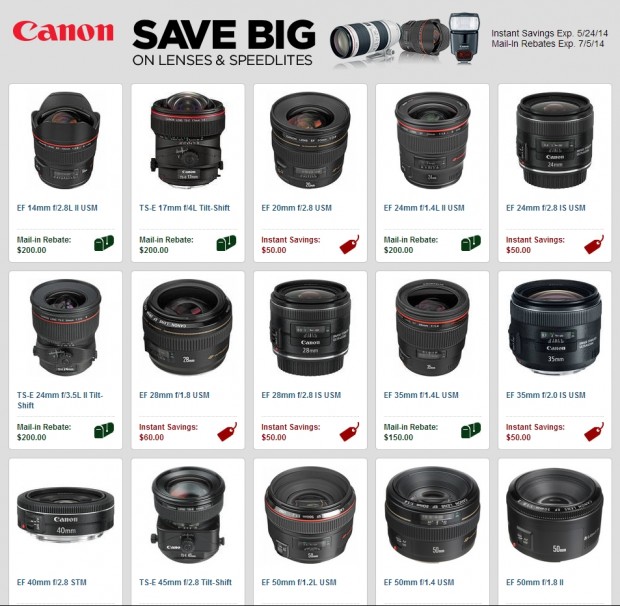 Save up to $450 on Canon DSLRs, Lenses, Speedlites Rebates