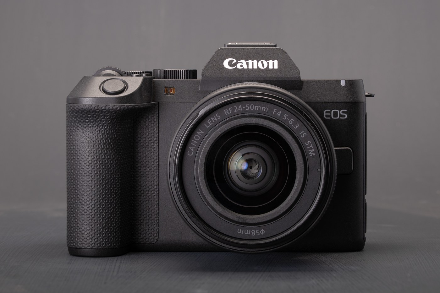 Front view of the Canon EOS R8 Mark II with RF 24-50mm kit zoom
