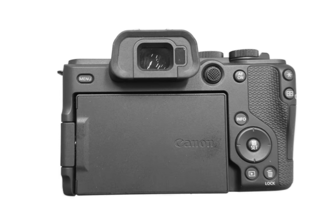 Leaked rear view of the Canon EOS R8 Mark II showing a joystick next to the EVF