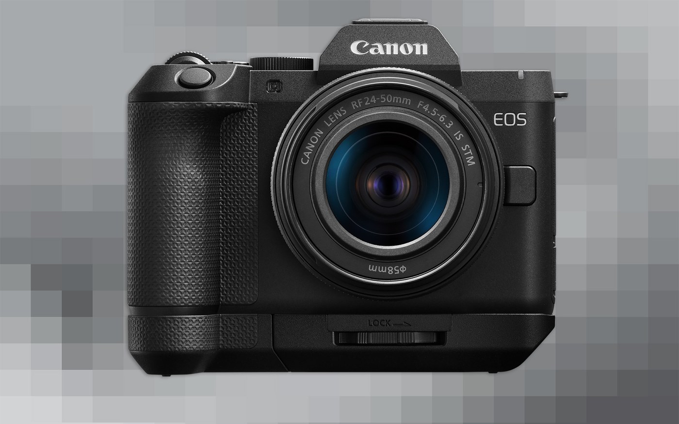Official product photo of the Canon EOS R8 Mark II with kit zoom and extension grip