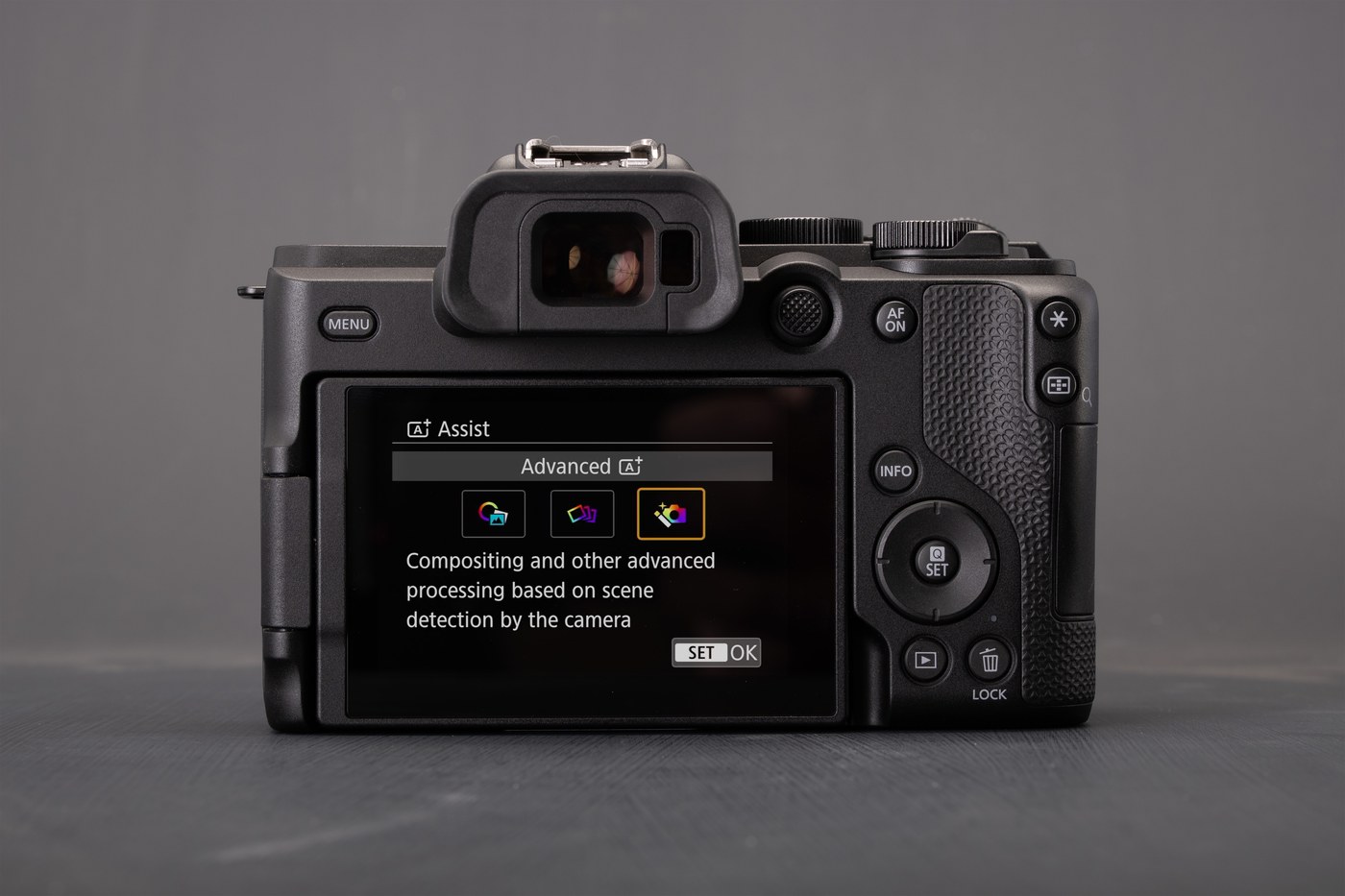 Rear of the Canon EOS R8 Mark II showing the new AF joystick