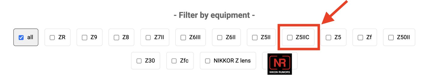 Screenshot of an equipment filter with a Z5IIC option via Nikon Rumors