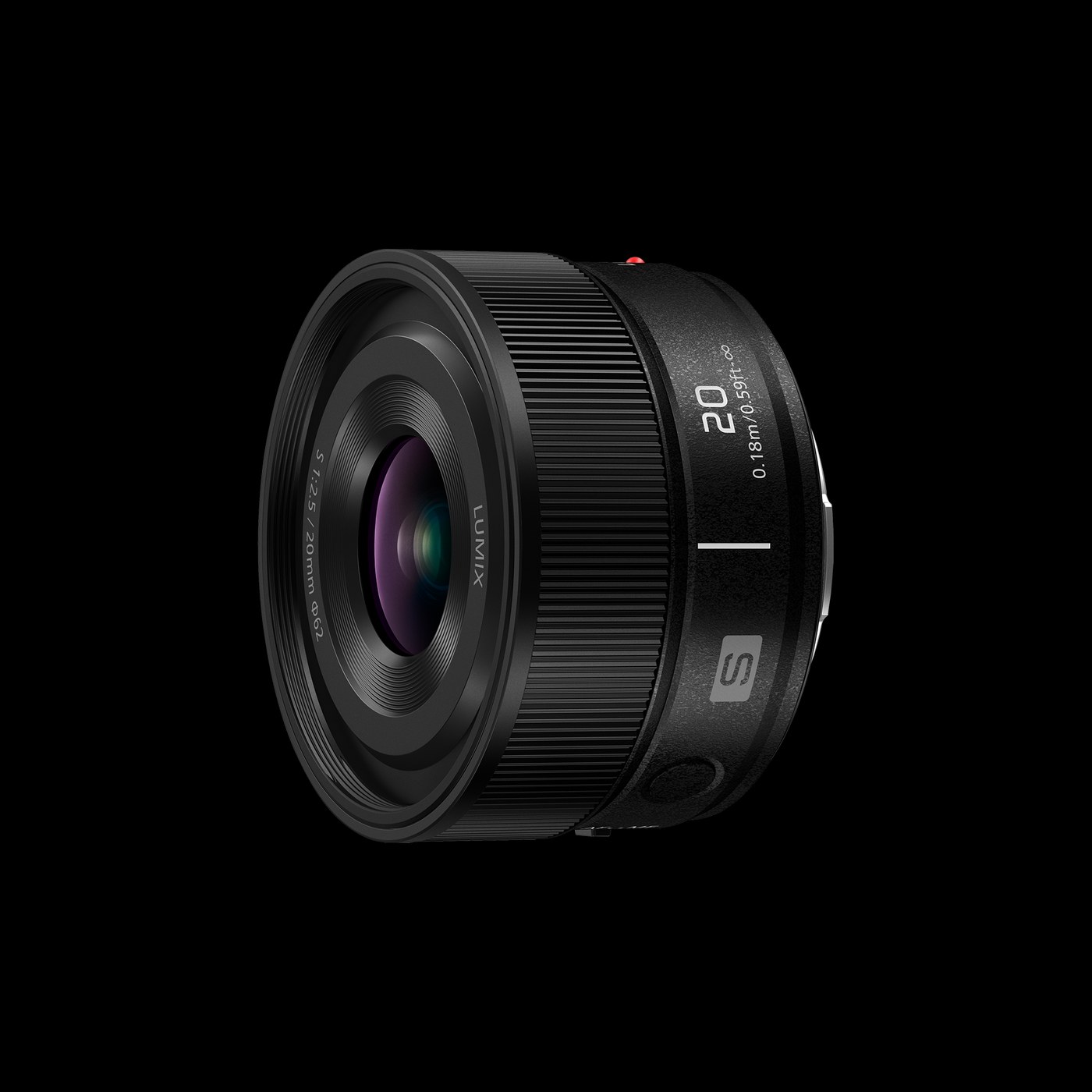Official product photo of the Panasonic LUMIX S 20mm F2.5 lens in black