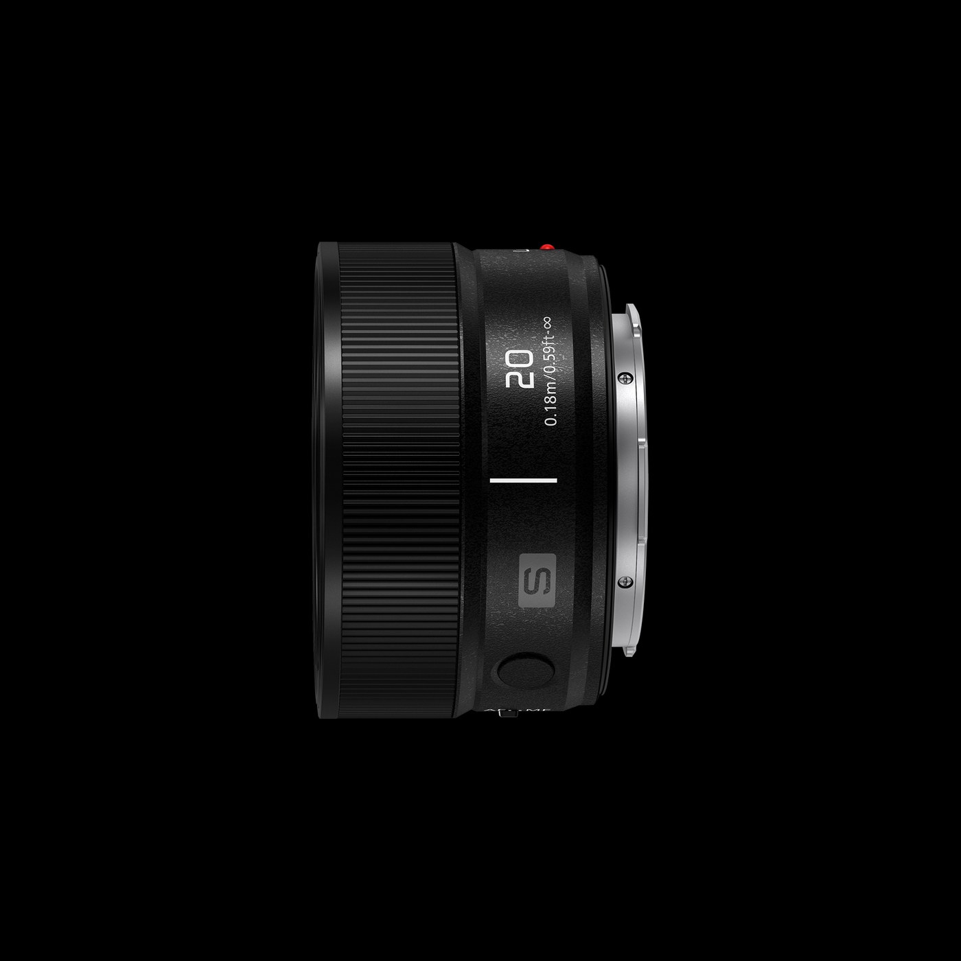 Side view of the Panasonic LUMIX S 20mm F2.5 pancake prime