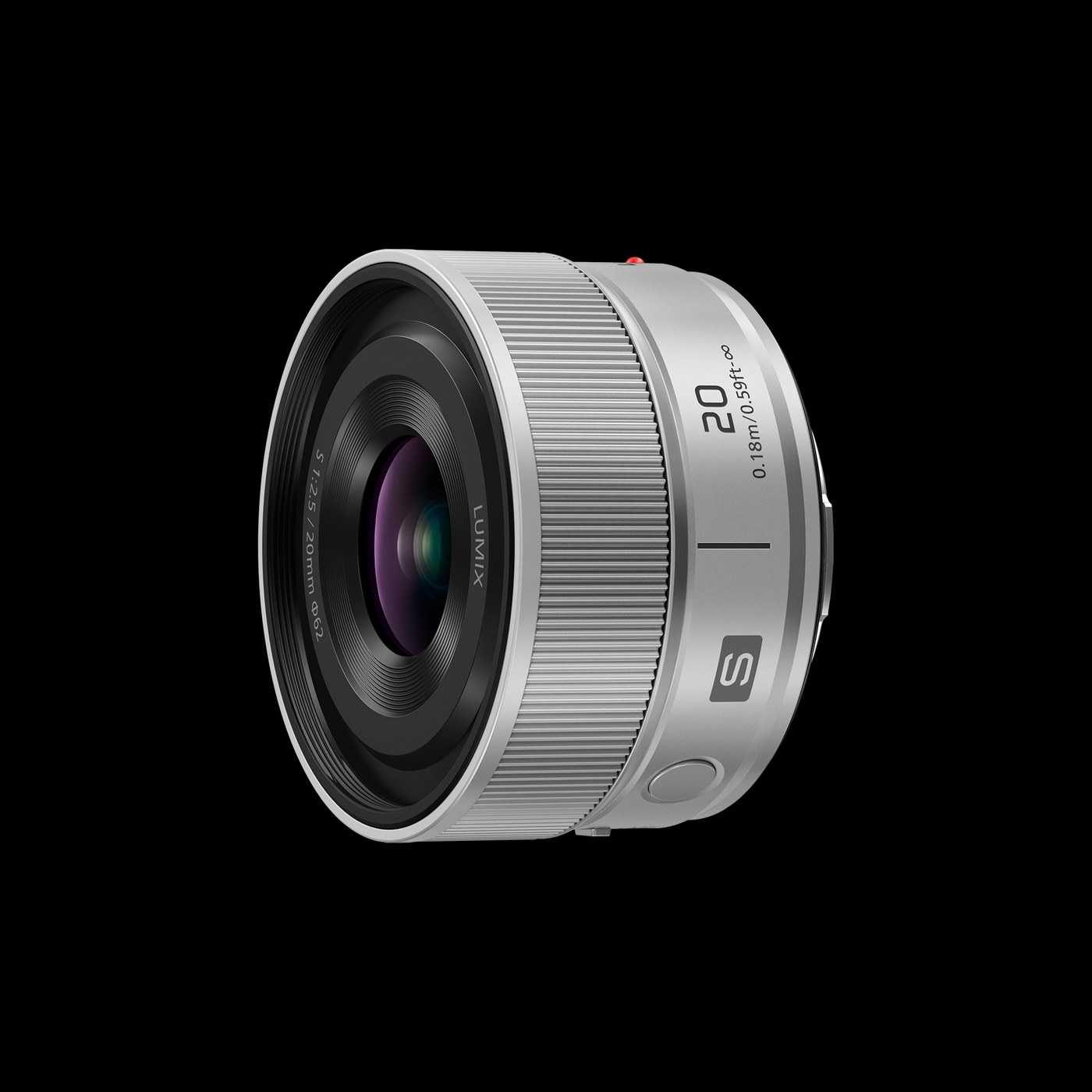 Official product photo of the Panasonic LUMIX S 20mm F2.5 lens in silver
