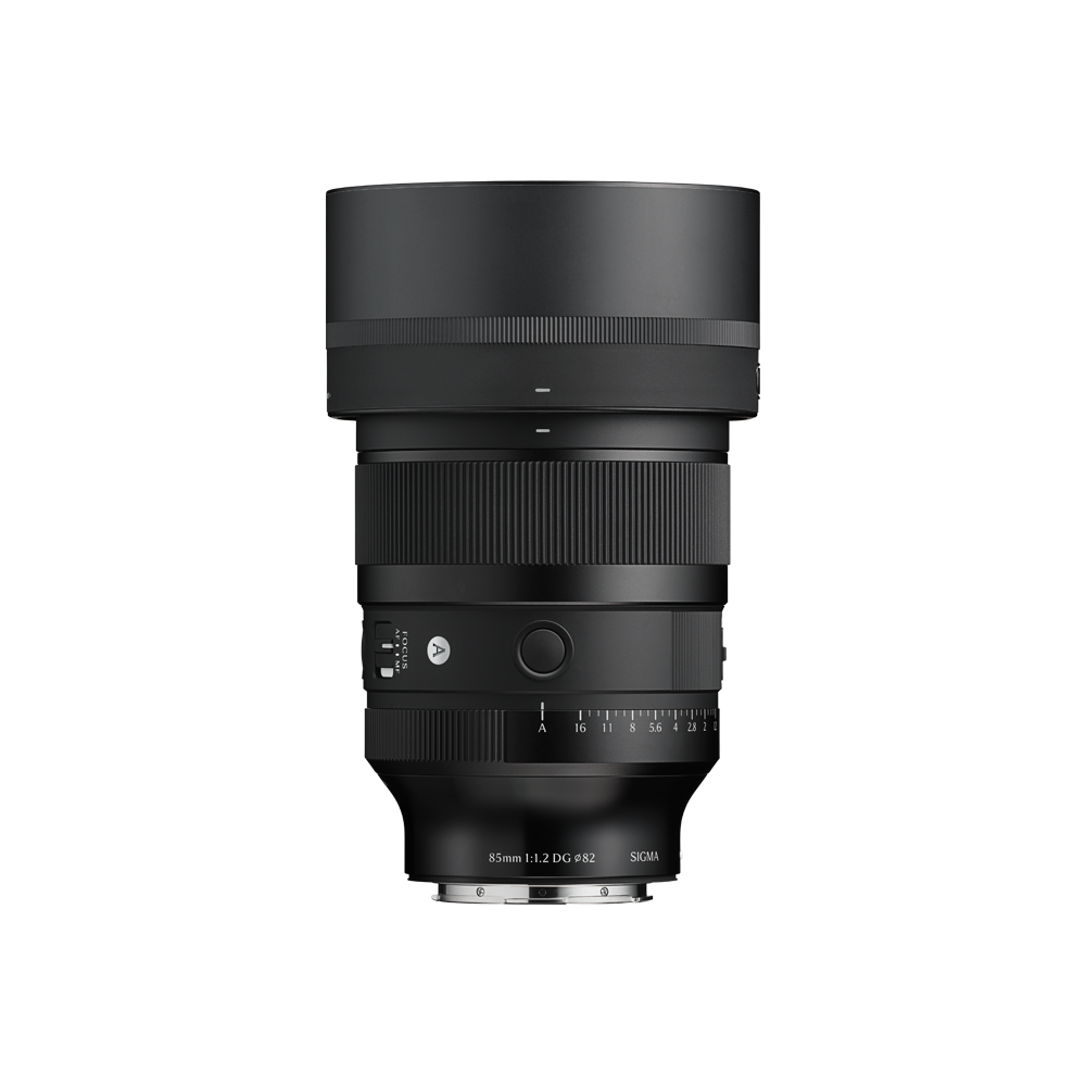 Official product photo of the Sigma 85mm F1.2 DG Art lens with hood