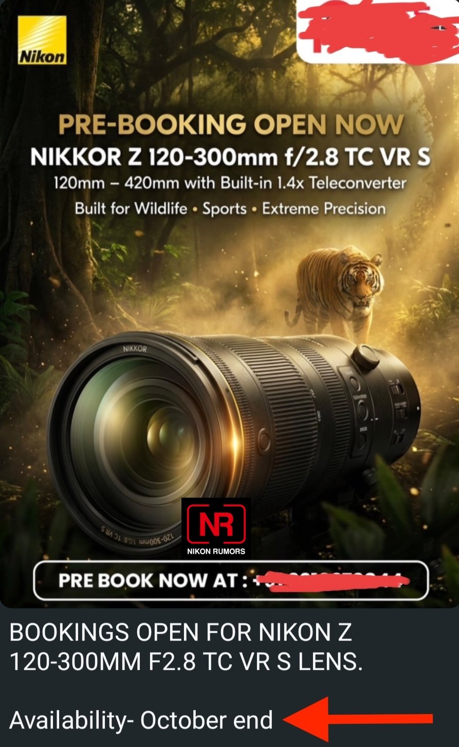 Dealer pre-booking graphic for the Nikon Z 120-300mm f/2.8 TC VR S