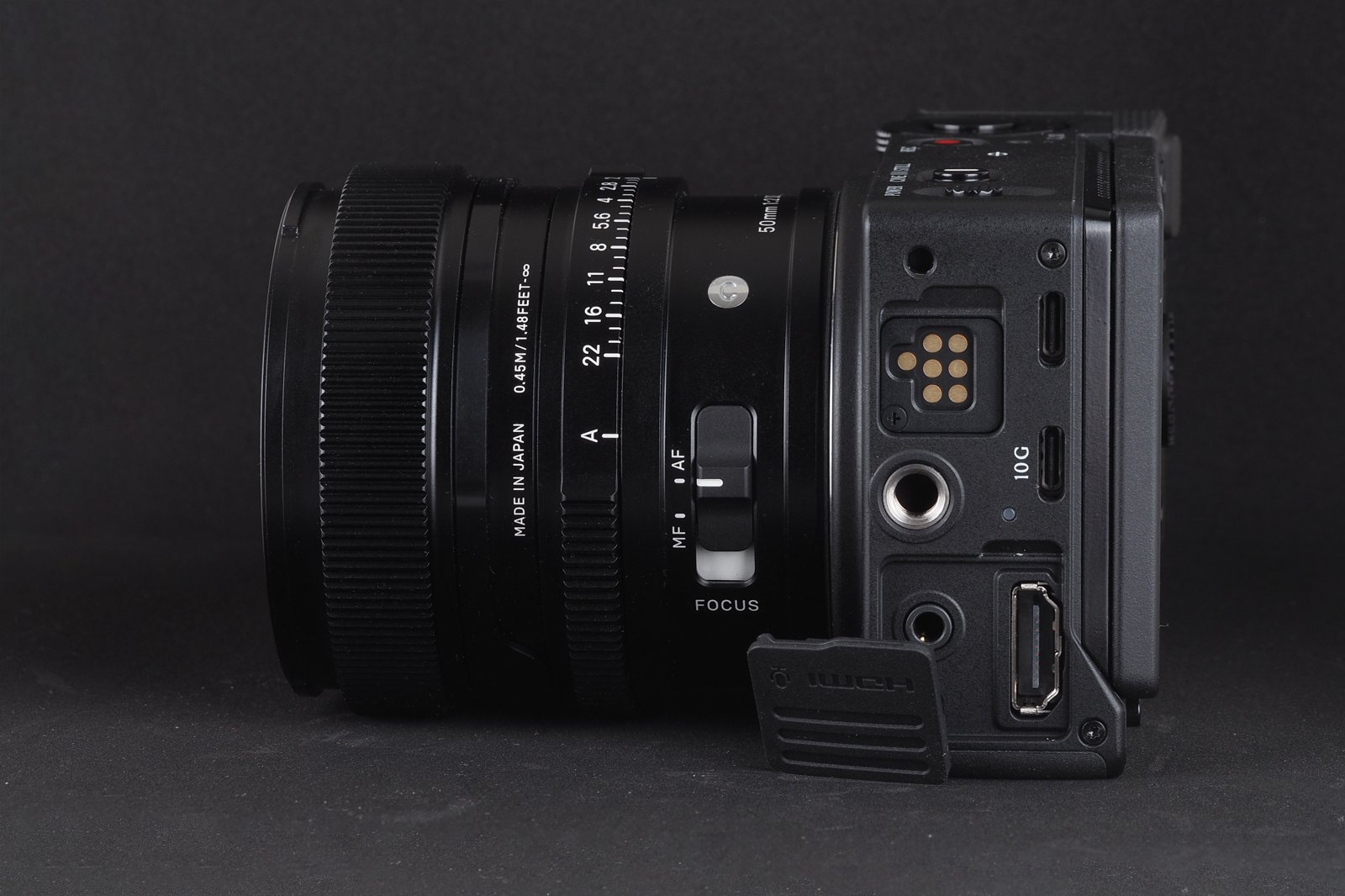 Side of the Sigma FP2 showing two USB-C ports, 7-pin interface and HDMI